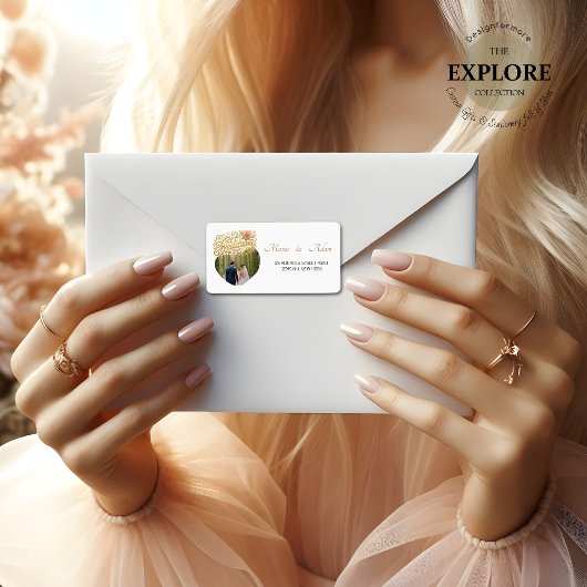 Elegant Blush Dahlias Golden Script Wedding Photo ラベル