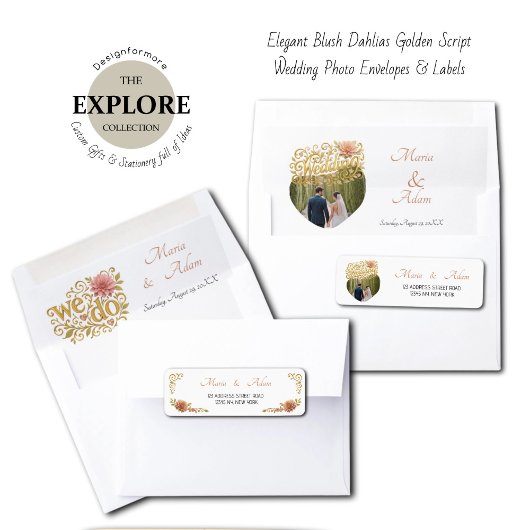 Elegant Blush Dahlias Golden Script Wedding Photo ラベル