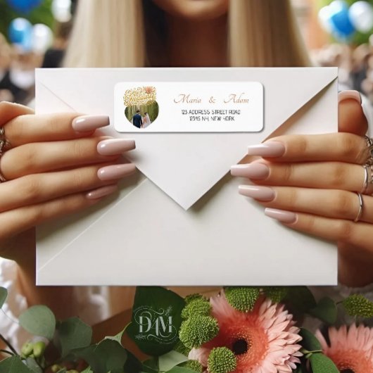 Elegant Blush Dahlias Golden Script Wedding Photo ラベル