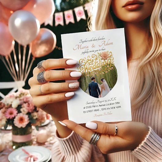 Elegant Blush Dahlias Golden Script Wedding Photo 招待状