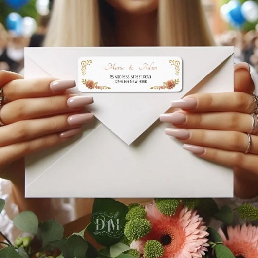 Elegant Blush Dahlias Golden Script Wedding Return ラベル