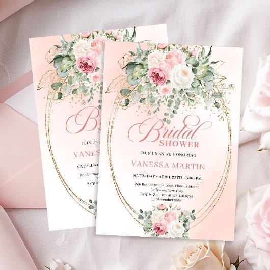 Elegant Blush Eucalyptus Bridal Shower Gold Invite 招待状