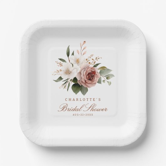 Elegant Blush Fall Bridal Shower Floral ペーパープレート (正面)