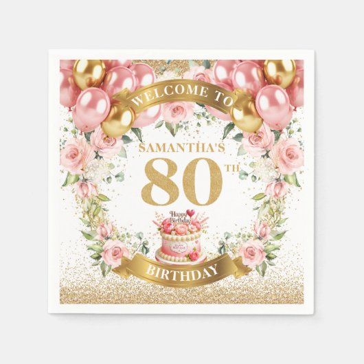 Elegant Blush Floral 80th Birthday Party Napkins スタンダードカクテルナプキン (正面)