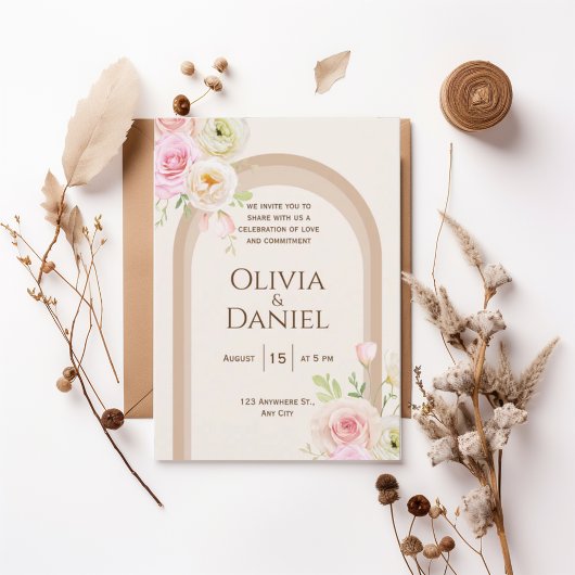 Elegant Blush Floral Arch Wedding Invitation 招待状