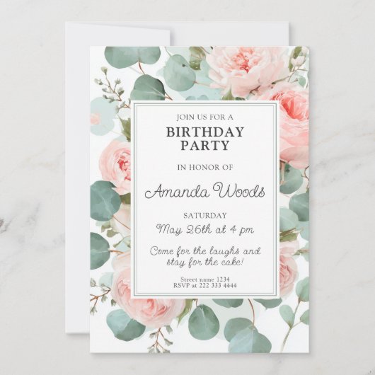 Elegant blush floral birthday party design 招待状 (正面)
