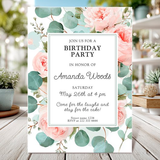 Elegant blush floral birthday party design 招待状