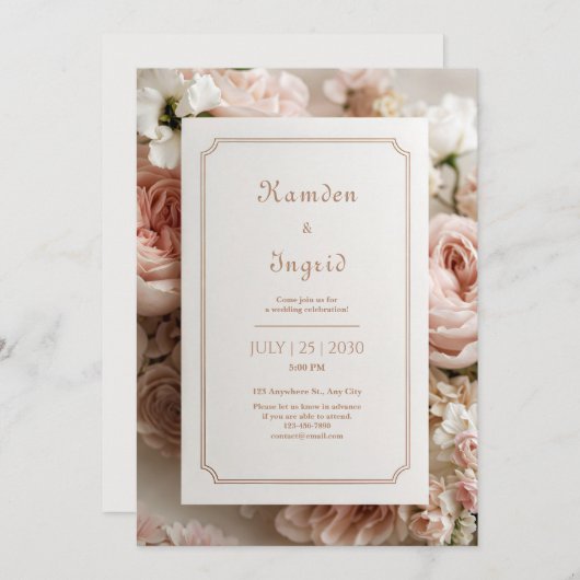 Elegant Blush Floral Bronze Ticket Frame Wedding 招待状 (正面/裏面)