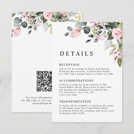 Elegant Blush Floral Eucalyptus QR Code Wedding エンクロージャーカード (正面/裏面)