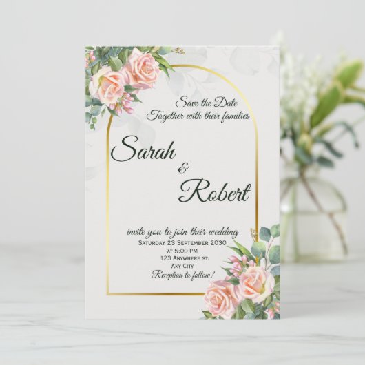 Elegant Blush Floral Gold Arch Wedding Invitation 招待状 (スタンド正面)