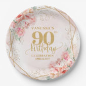 Elegant Blush Floral Gold Frame 90th Birthday Plat ペーパープレート (正面)