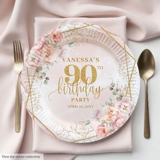 Elegant Blush Floral Gold Frame 90th Birthday Plat ペーパープレート