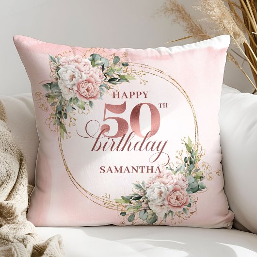 Elegant Blush Floral Greenery 50th Pillow Gift クッション