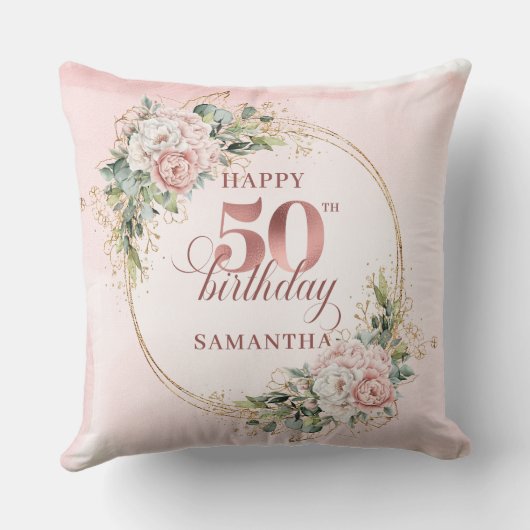 Elegant Blush Floral Greenery 50th Pillow Gift クッション (裏面)