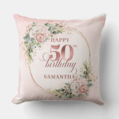 Elegant Blush Floral Greenery 50th Pillow Gift クッション (正面)