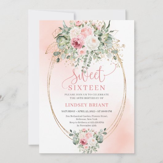 Elegant Blush Floral Greenery Sweet 16 Invitation 招待状 (正面)