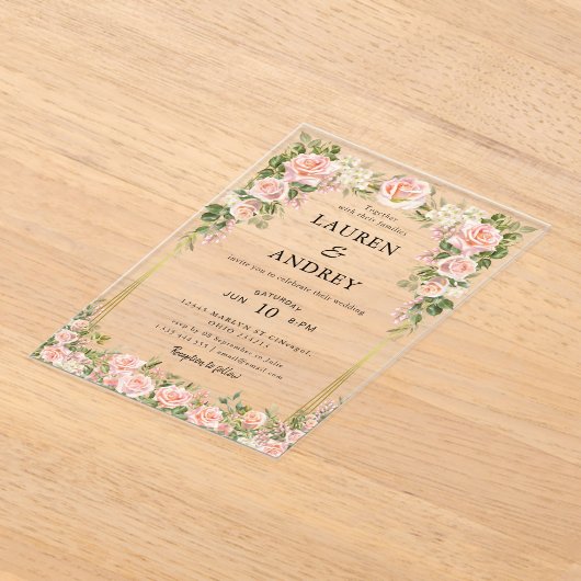 Elegant Blush Floral Modern Wedding アクリル招待状 (レイダウン)