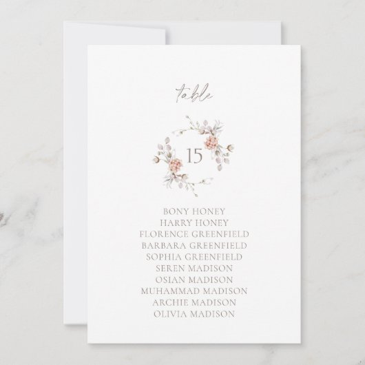 Elegant Blush Floral Monogram Table Seating Card 招待状 (正面)