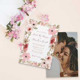 Elegant Blush Floral Photo Wedding Invitation 招待状