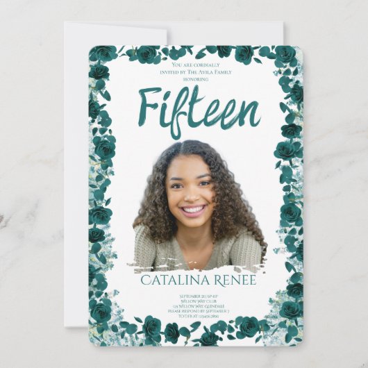 Elegant Blush Floral Quinceañera Invitation 招待状 (正面)