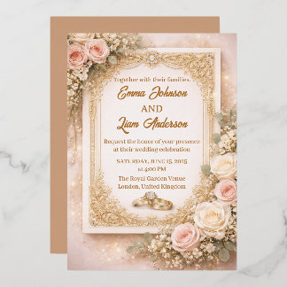 Elegant Blush Floral Wedding Invitation 箔招待状