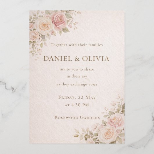 Elegant Blush Floral Wedding Invitation Card 箔招待状 (正面)