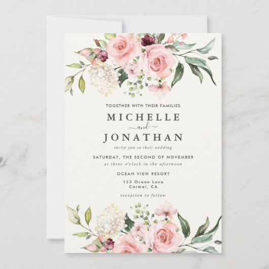 Elegant Blush Floral Wedding Invitation - Cream 招待状 (正面)