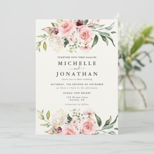 Elegant Blush Floral Wedding Invitation - Cream 招待状 (スタンド正面)