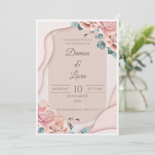 Elegant Blush Floral Wedding Invitation Template 招待状 (スタンド正面)