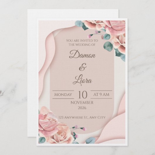Elegant Blush Floral Wedding Invitation Template 招待状 (正面/裏面)
