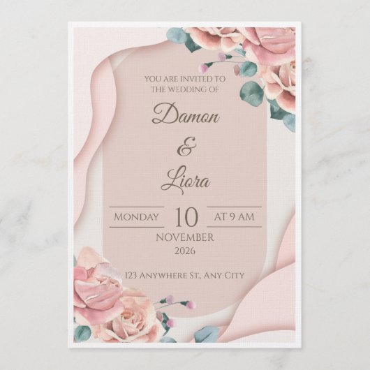 Elegant Blush Floral Wedding Invitation Template 招待状 (正面)