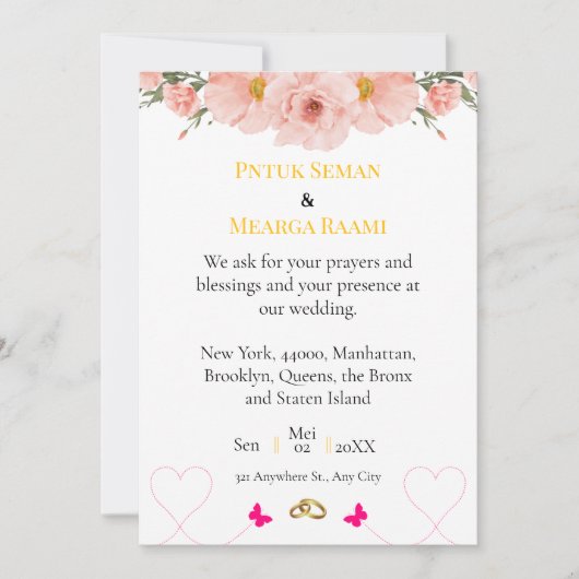 Elegant Blush Floral Wedding Invitation with Gold  招待状 (正面)