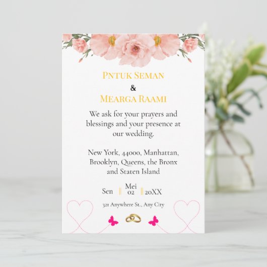 Elegant Blush Floral Wedding Invitation with Gold  招待状 (スタンド正面)