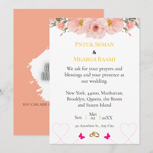 Elegant Blush Floral Wedding Invitation with Gold  招待状 (正面/裏面)