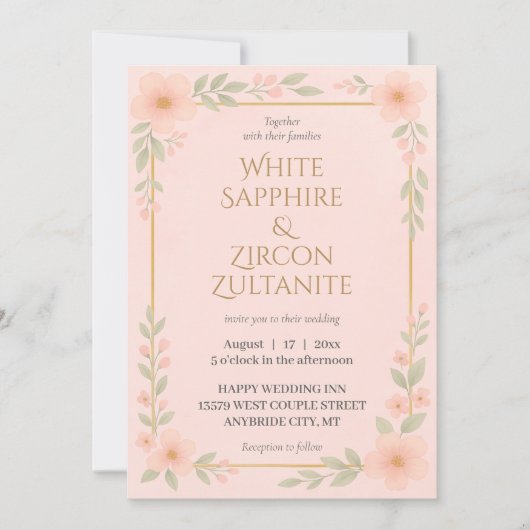 Elegant Blush Floral Wedding Invitation with Gold  招待状 (正面)