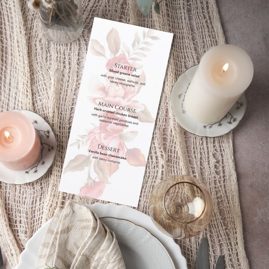 Elegant Blush Floral Wedding Menu Card メニュー
