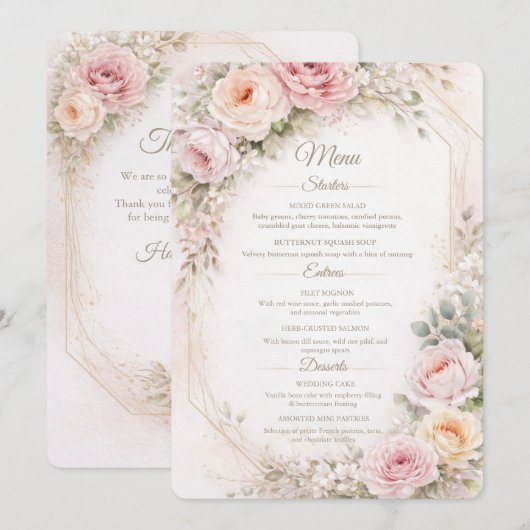 Elegant Blush Floral Wedding Menu Card  メニュー (正面/裏面)