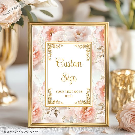 Elegant blush flowers and gold wedding custom sign ポスター