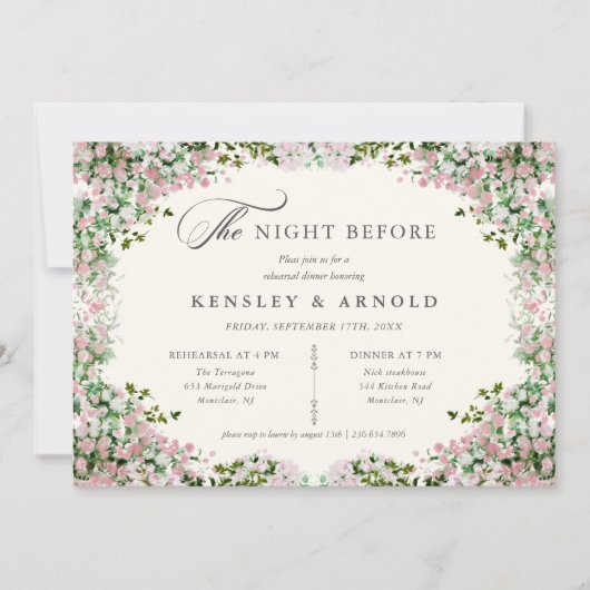 Elegant Blush Garden Rehearsal Dinner Invite Night 招待状 (正面)