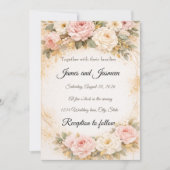 Elegant Blush & Gold Floral Wedding Invitation 招待状 (正面)