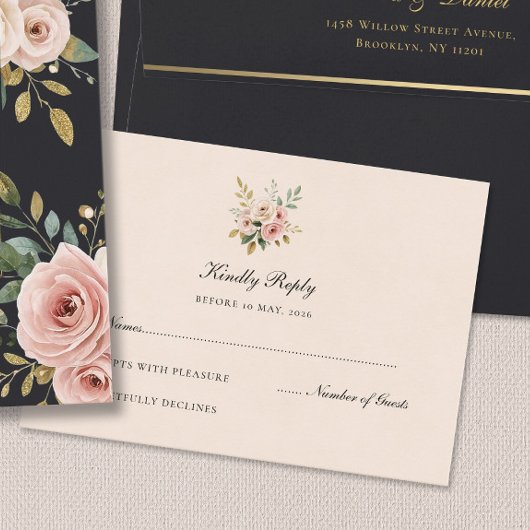 Elegant Blush Gold Floral Wedding RSVP Card