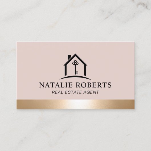Elegant Blush & Gold House Logo Real Estate Agent 名刺 (正面)