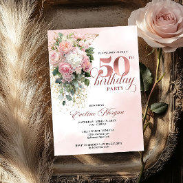 Elegant Blush Greenery Rose Gold 50th Birthday  招待状