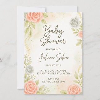 Elegant Blush Peach Floral Baby Shower Invitation 招待状