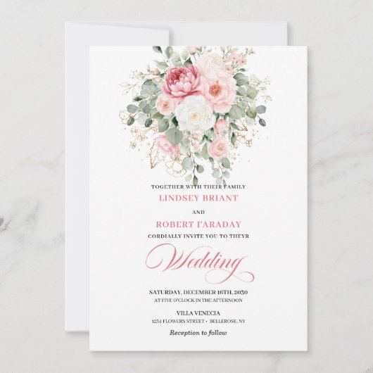 Elegant Blush Peony Botanical Gold Wedding Invite 招待状 (正面)