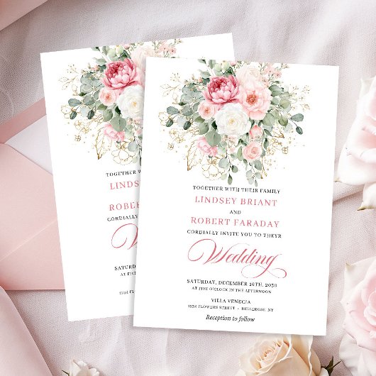 Elegant Blush Peony Botanical Gold Wedding Invite 招待状