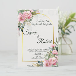 Elegant Blush Peony Floral Save The Date Card 招待状