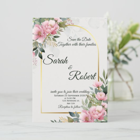 Elegant Blush Peony Floral Save The Date Card 招待状 (スタンド正面)