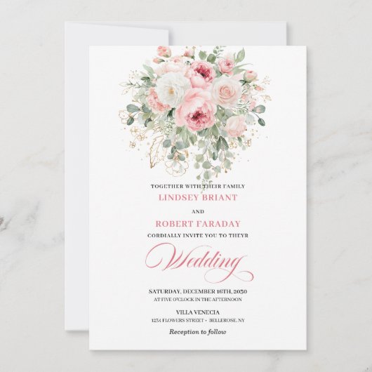 Elegant Blush Peony Gold Botanical Wedding Invite 招待状 (正面)