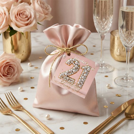 Elegant Blush Pink and Gold Pearls 21st Birthday フェイバータグ